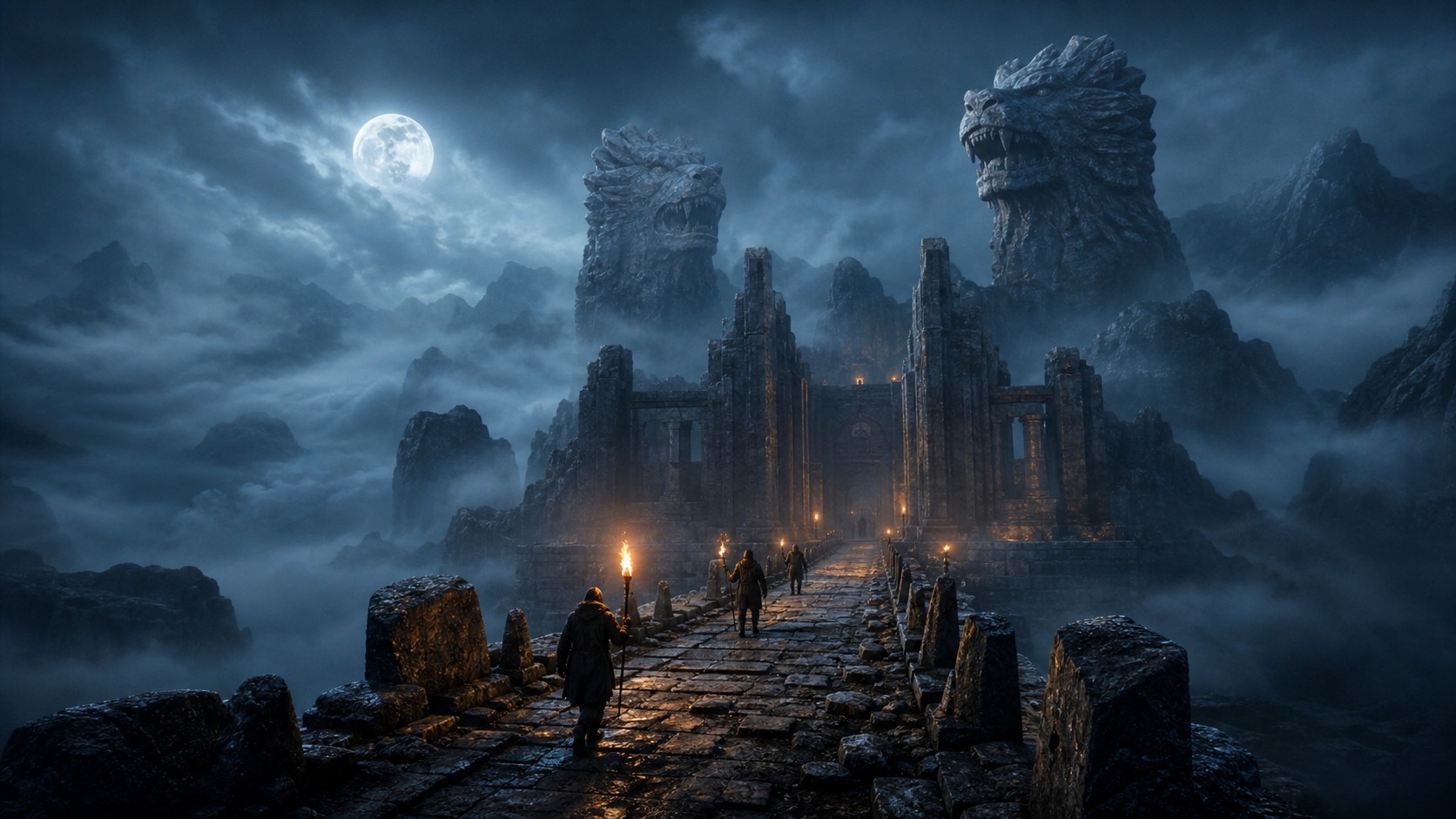 Moonlit ancient ruins with towering beast-shaped stone guardians in mist