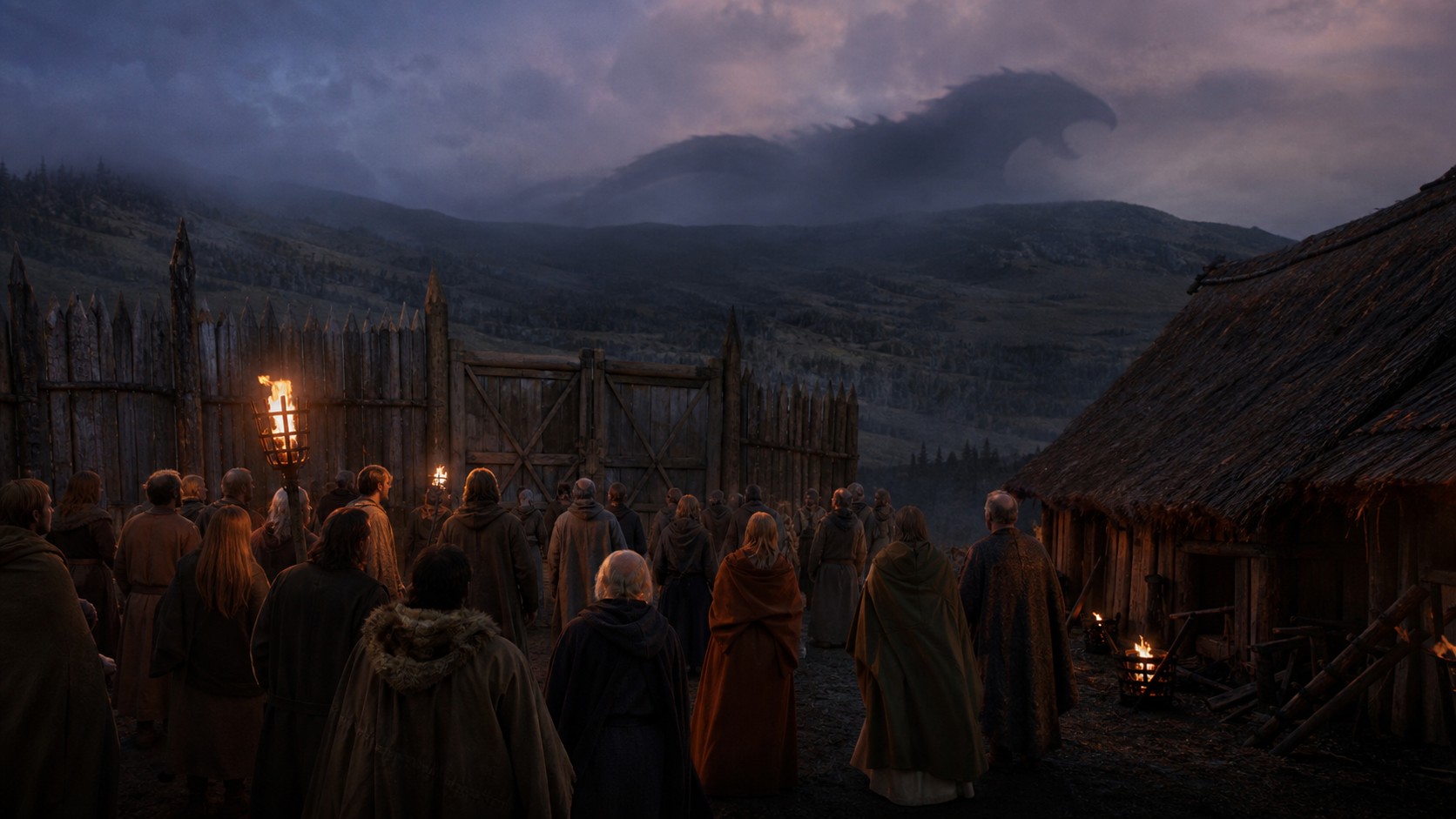 Ancient villagers watching an enormous shadow move across distant hills at dusk