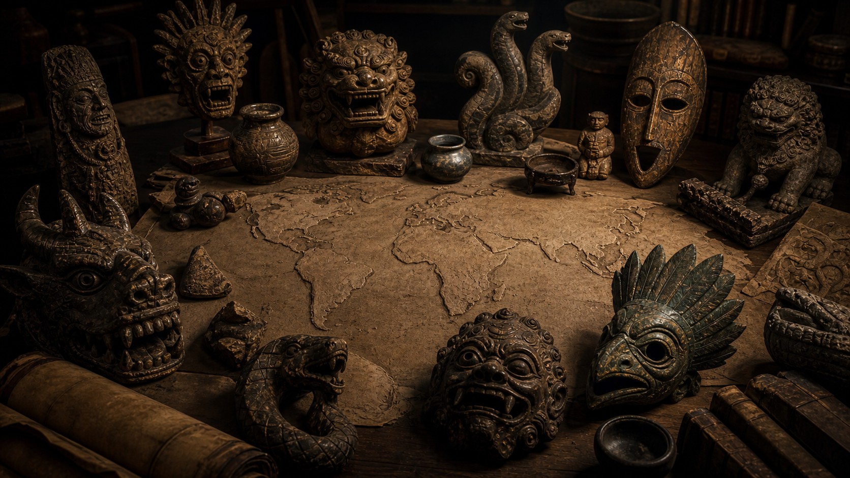 Museum curator table with unmarked global monster artifacts and blank stone surface