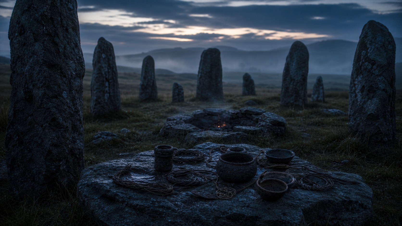 Misty ancient stone circle at dawn with ritual objects and a cold ember glow