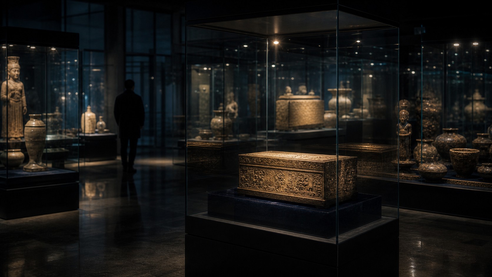 After-hours museum gallery with ancient objects in glass cases and eerie reflections