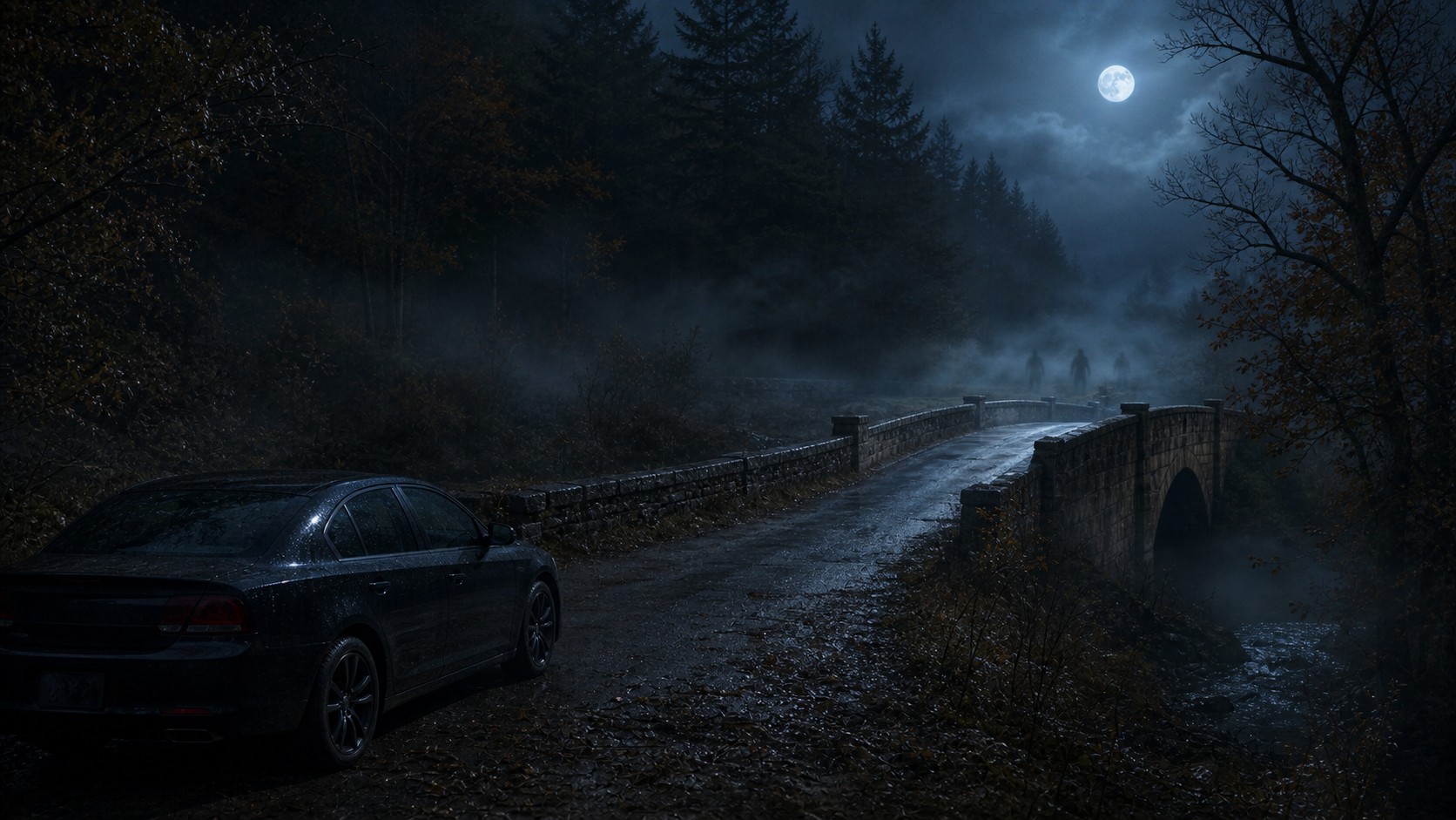 Modern rural roadside at night near an old stone bridge with mist and watcher shapes