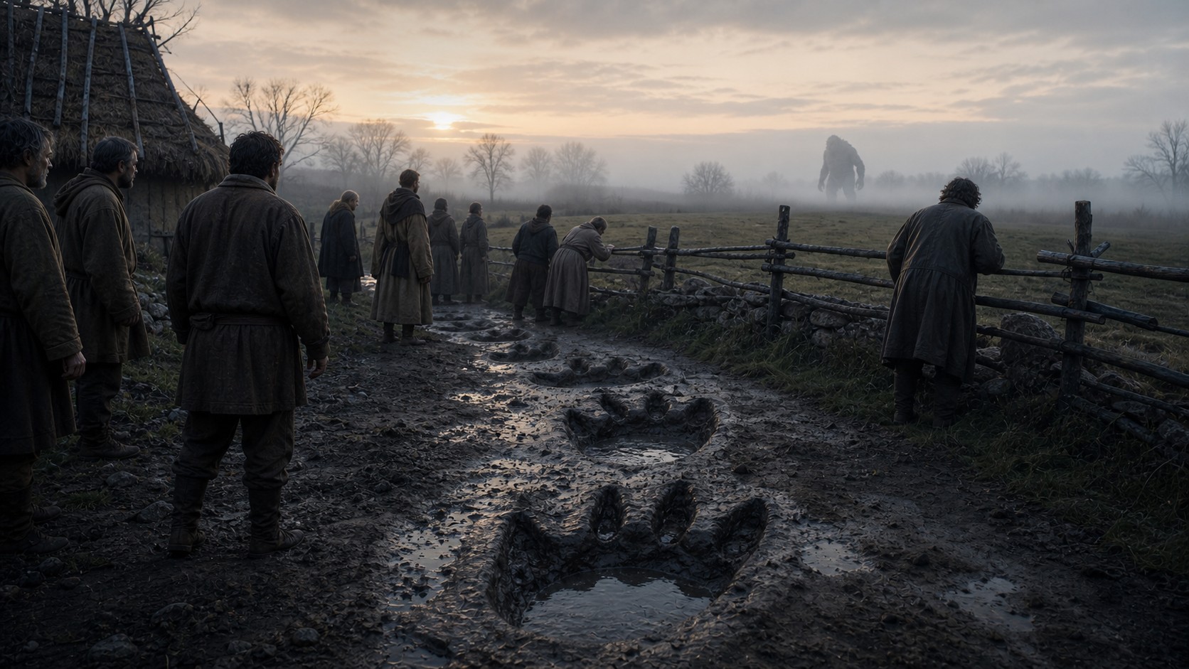 Villagers studying huge muddy footprints near a foggy pasture at dawn