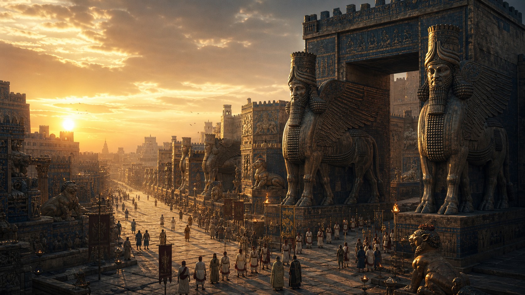 Ancient city avenue with colossal protective beast sculptures at a monumental gate