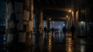Rain-slick city underpass with blank torn flyers and anonymous silhouettes