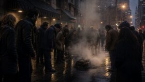 Crowd gathered on rainy city sidewalk around a mysterious steaming object