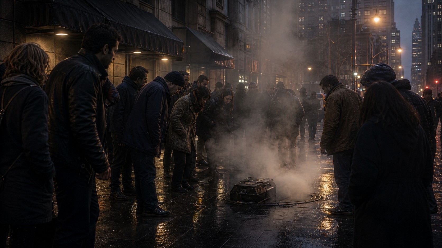 Crowd gathered on rainy city sidewalk around a mysterious steaming object
