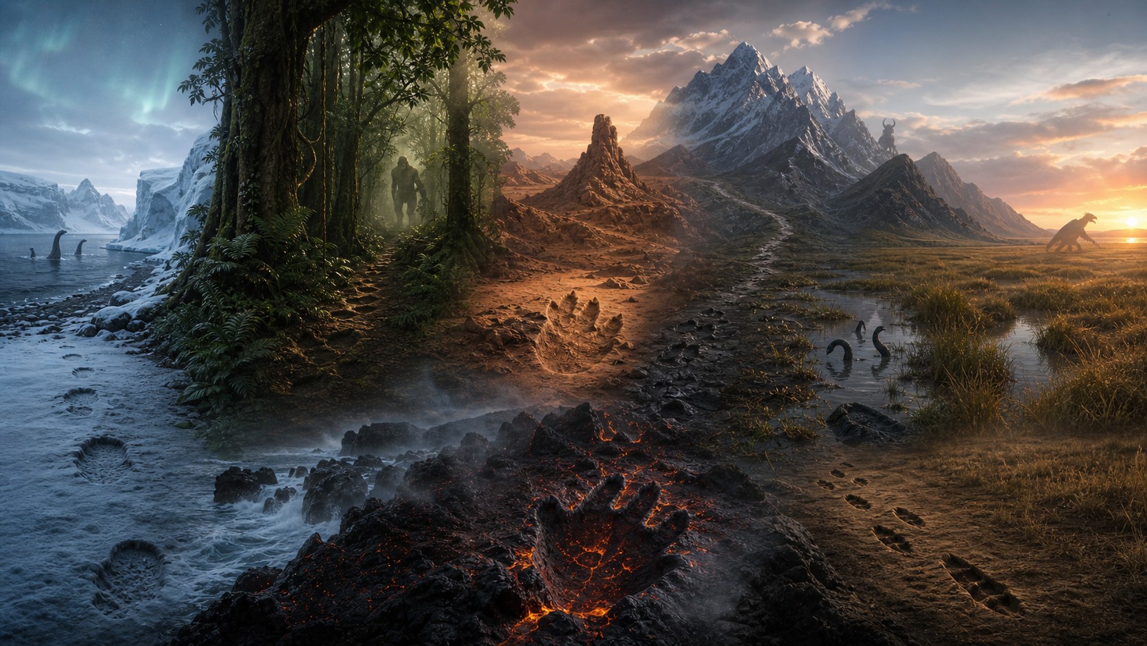 Panoramic natural regions with subtle creature traces across ice, jungle, desert, mountains, wetlands, coast, and grassland