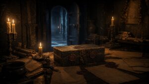Candlelit archive room with sealed box, blank parchment, and dark corridor