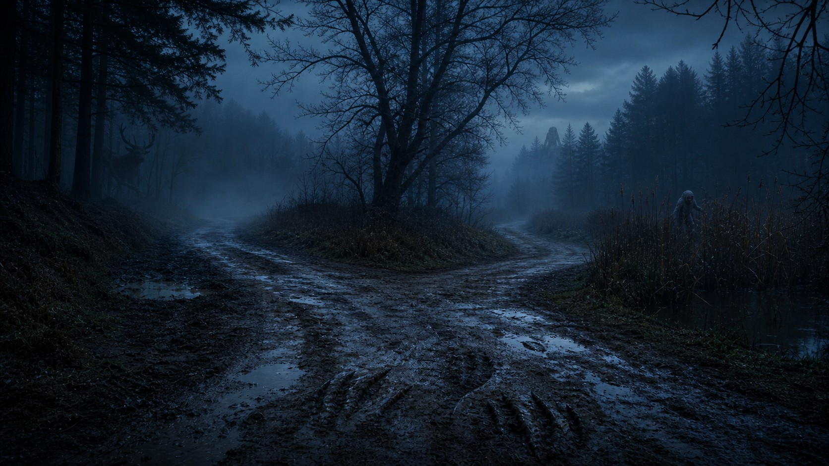 Foggy woodland crossroads at blue hour with ambiguous folklore creature traces
