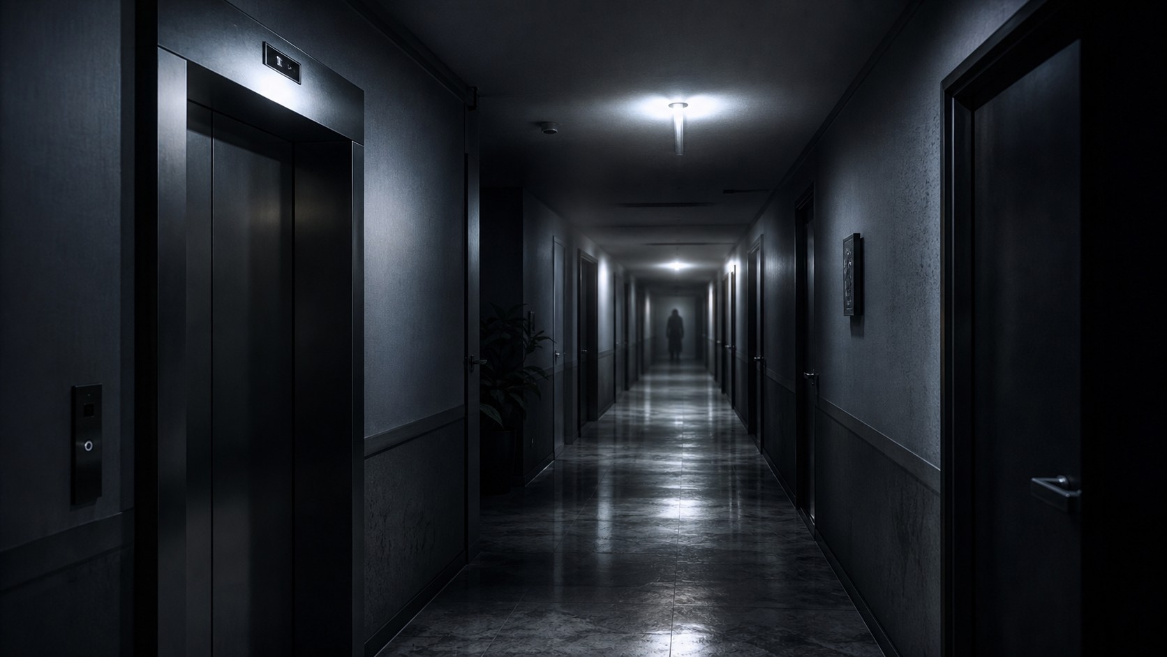 Modern apartment hallway at night with an ambiguous distant shadow