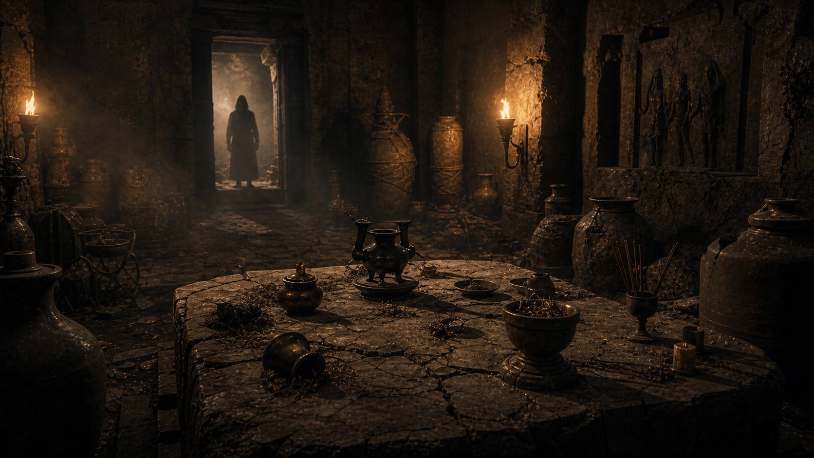 Ancient stone chamber with sealed vessels and ominous unmarked ritual objects under torchlight