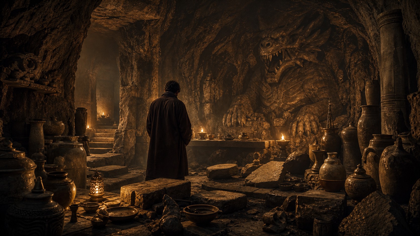 Ancient underground chamber with blank stone slabs and a shadowy beast relief