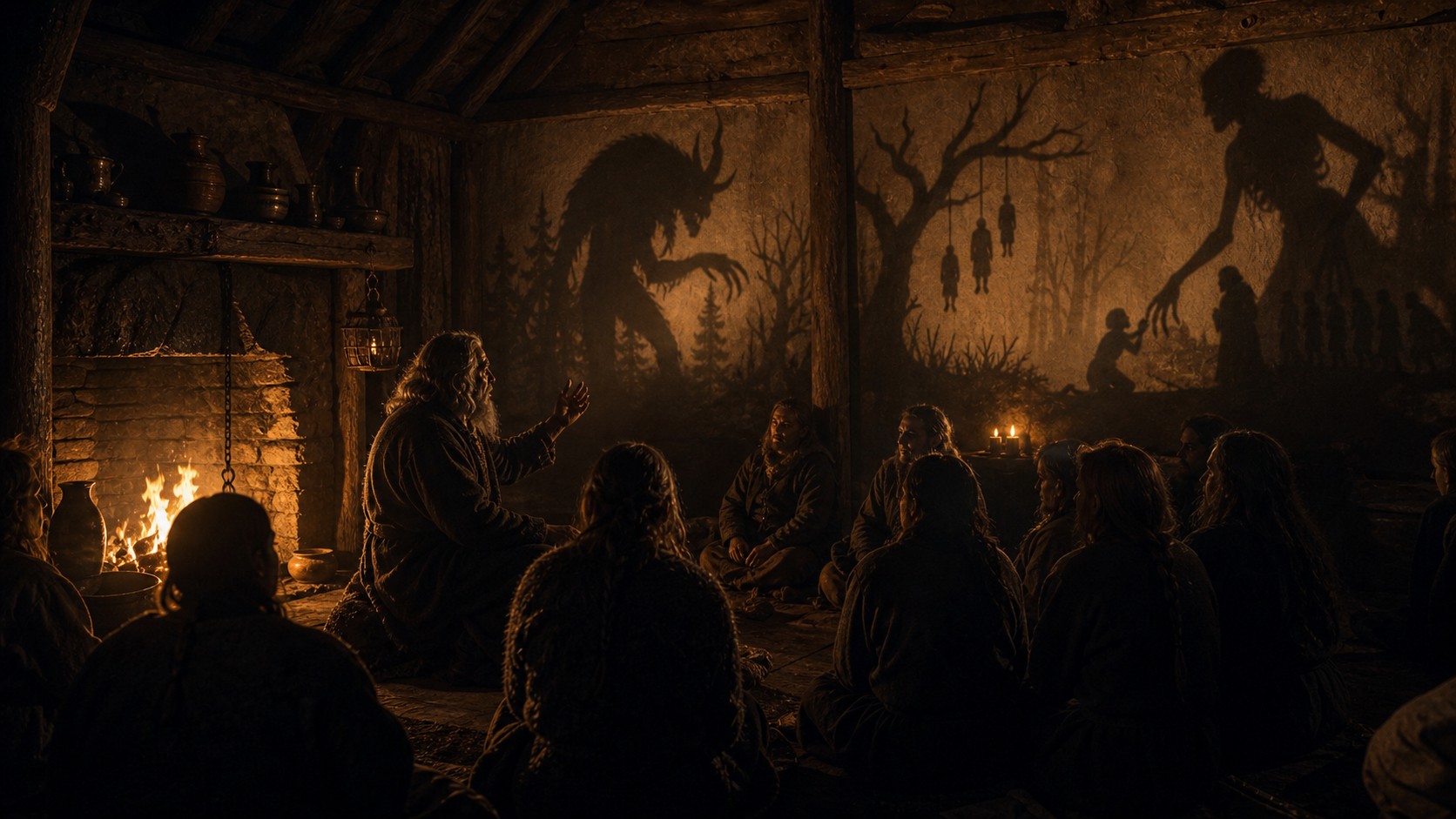 Nighttime village storytelling room with firelight casting monstrous shadows on blank walls