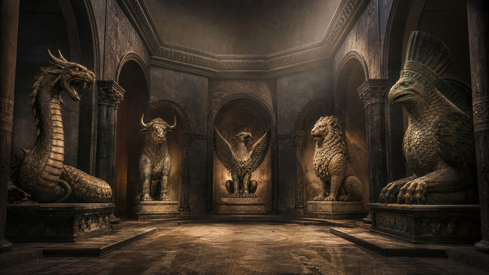 Ancient hall with monumental serpent, bull, lion, and bird-like monster statues