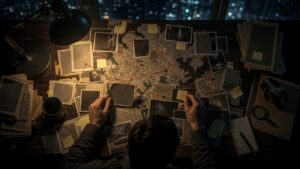 Night investigation desk with blank clippings, unlabeled map shapes, red string, and city window lights