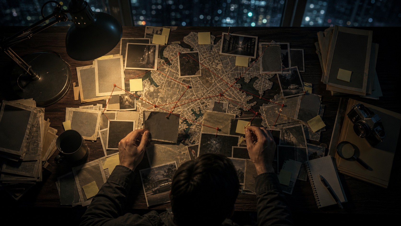 Night investigation desk with blank clippings, unlabeled map shapes, red string, and city window lights