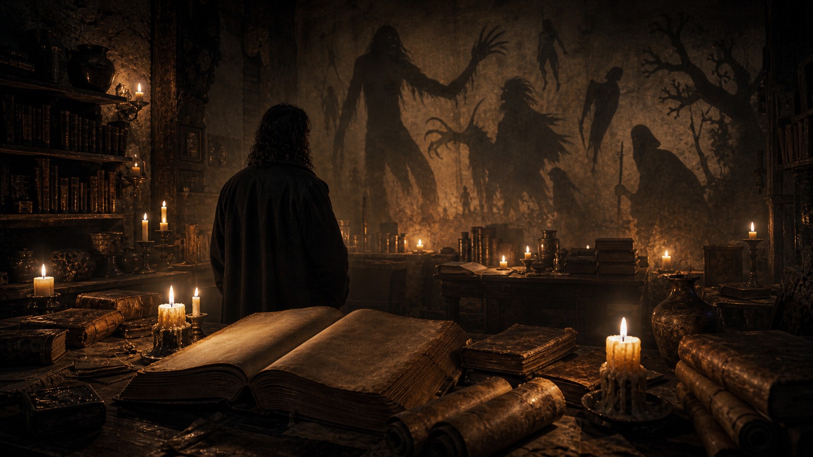 Candlelit archive room with blank folios and monstrous folklore shadows on the wall