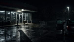 Deserted convenience-store parking lot at midnight with wet asphalt and a long shadow
