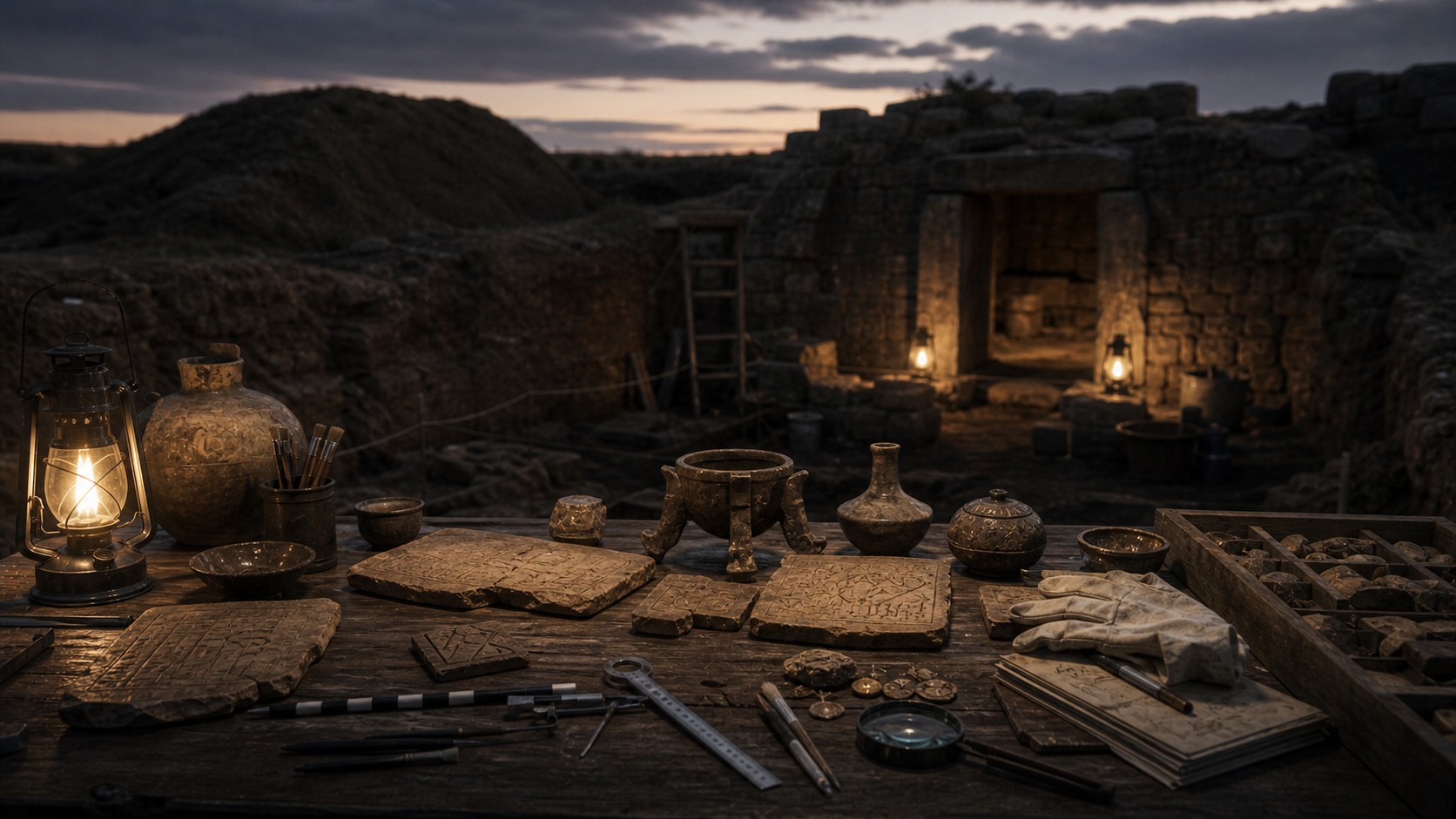 Archaeological field table with ritual objects, blank tablets, and a stone chamber at dusk