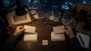 Night fact-checking desk with blank cards, face-down photos, magnifying glass, and rainy city lights