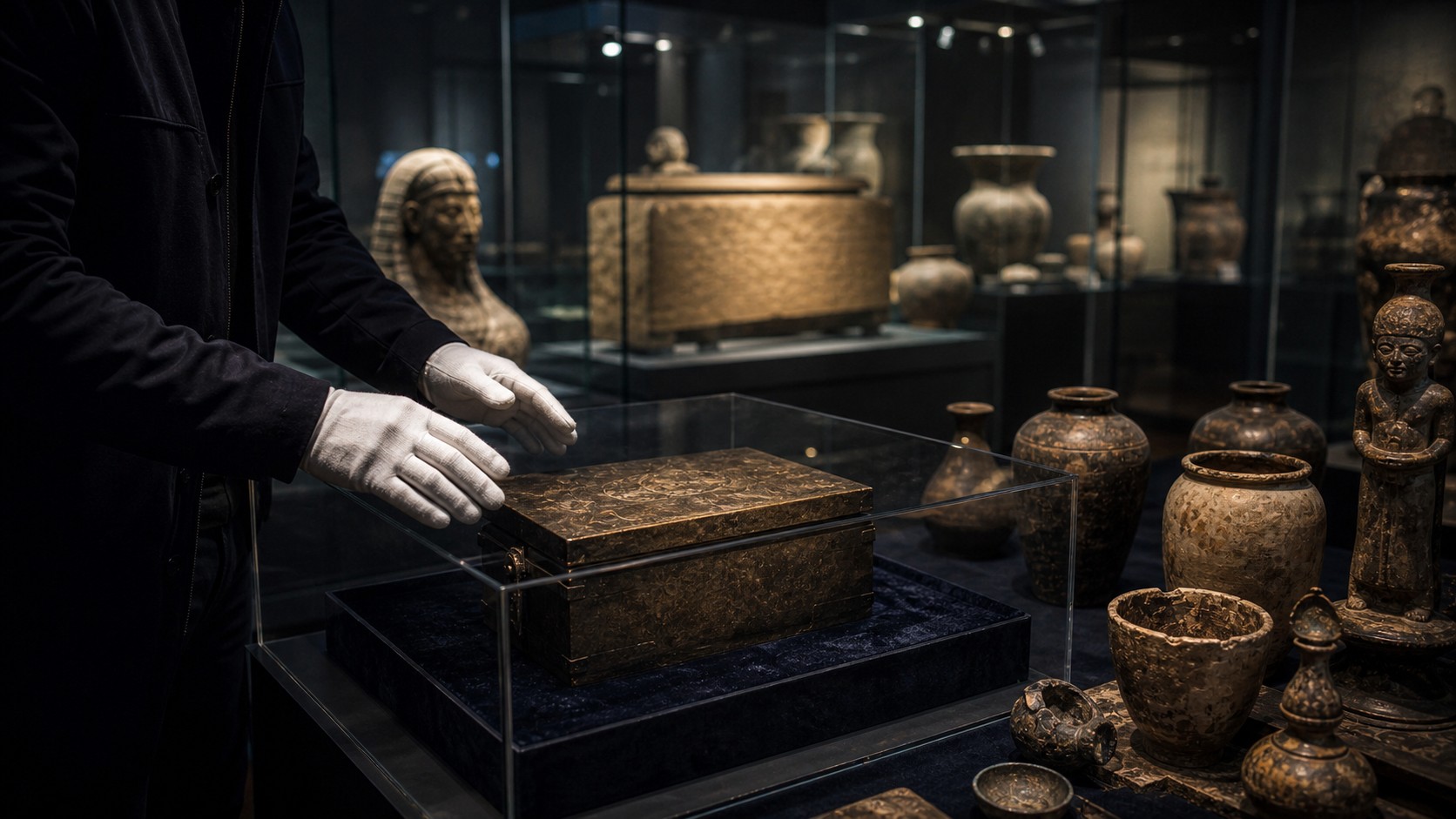 Museum conservation room with sealed relic cases and gloved curator hands over an unmarked case